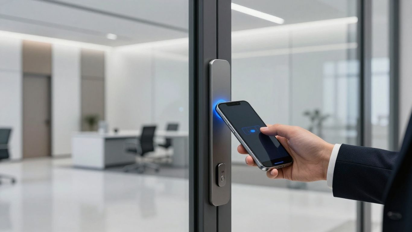 Openpath access control system with smartphone unlocking a door.